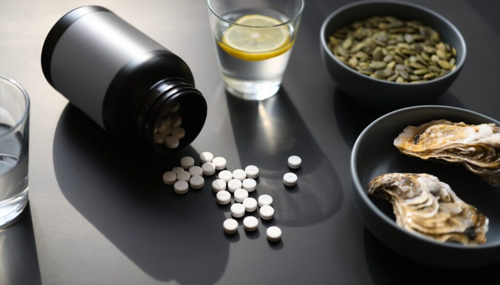 Bienfaits du zinc - comprimés de zinc picolinate avec aliments riches en zinc