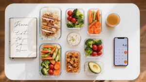 Meal prep sain avec poulet, riz et légumes, calcul de calories