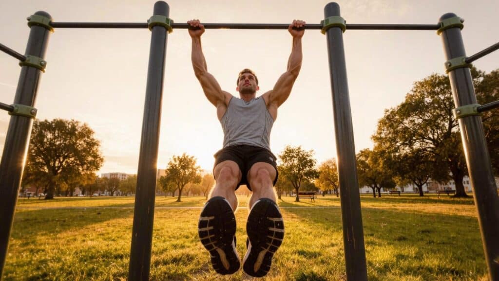 Athlète faisant des tractions en extérieur, street workout au coucher du soleil