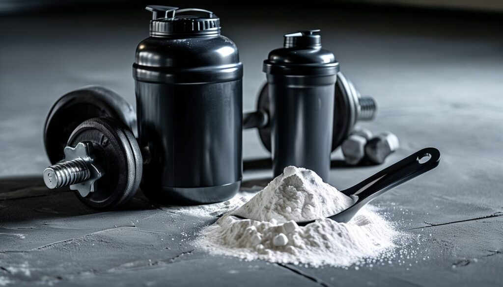 Scoop de créatine monohydrate en poudre avec shaker et haltère