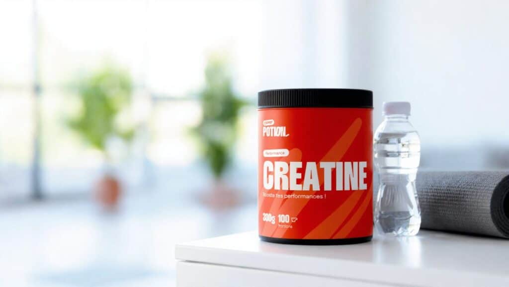 Créatine Power Potion dans un décor féminin avec tapis yoga