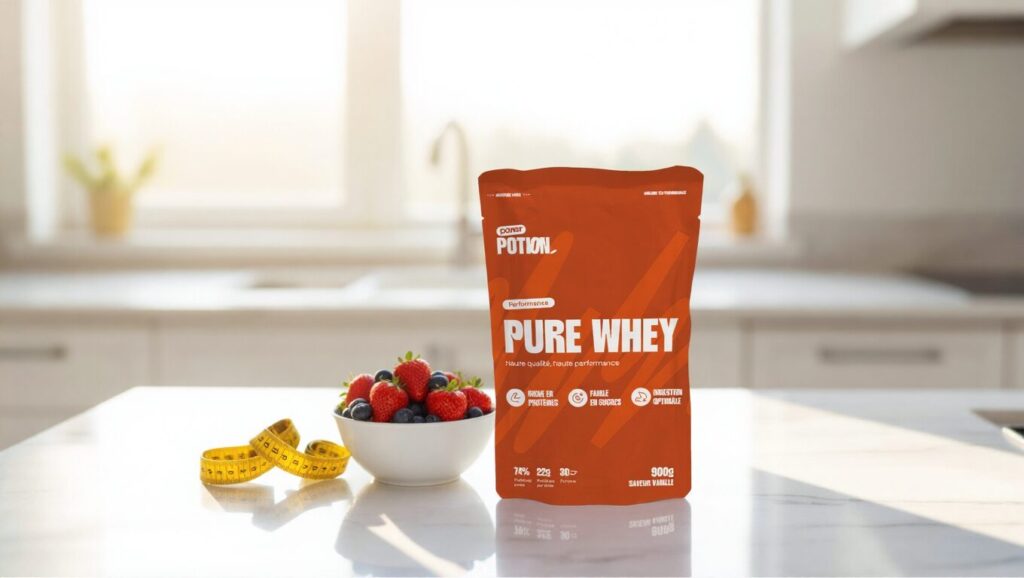 Pot de Pure Whey Protéine Power Potion dans une cuisine avec des fruits frais