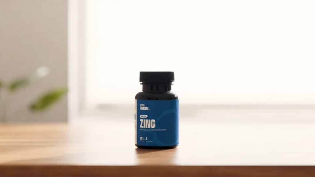 Pot de zinc picolinate Power Potion sur une table en bois avec lumière naturelle du matin